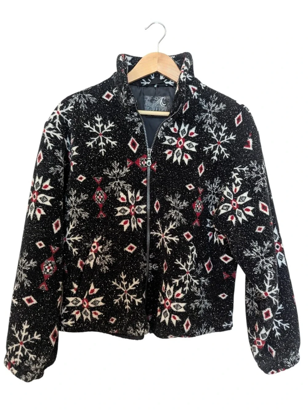 TSUNAMI Vintage Black Snowflake Zip-Up Fleece Medium